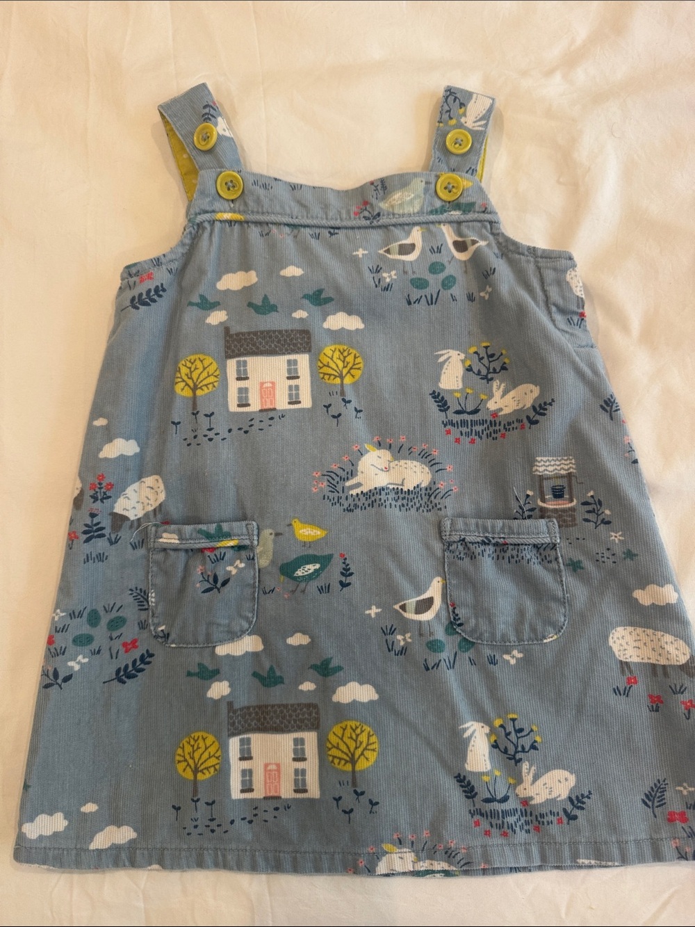 Baby Boden Blue Corduroy Polka Dot Lined Overalls with Yellow Accents. Size 6-12